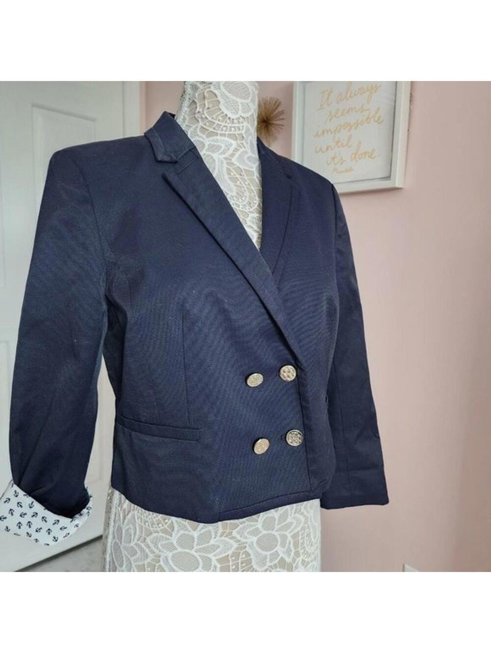 NWOT ann taylor blazer nautical navy roll sleeve w anchors double breast 10